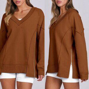 Caracilia Sweatshirt Oversize V-Neck Reverse Seam Side Zip Rust Cotton Sweater L